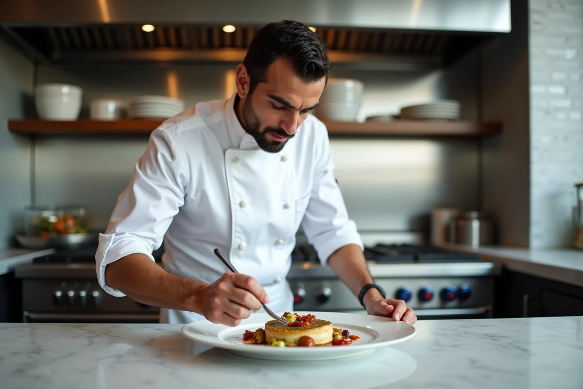 Chef culinaire en train de dresser une assiette gastronomique dans une cuisine professionnelle