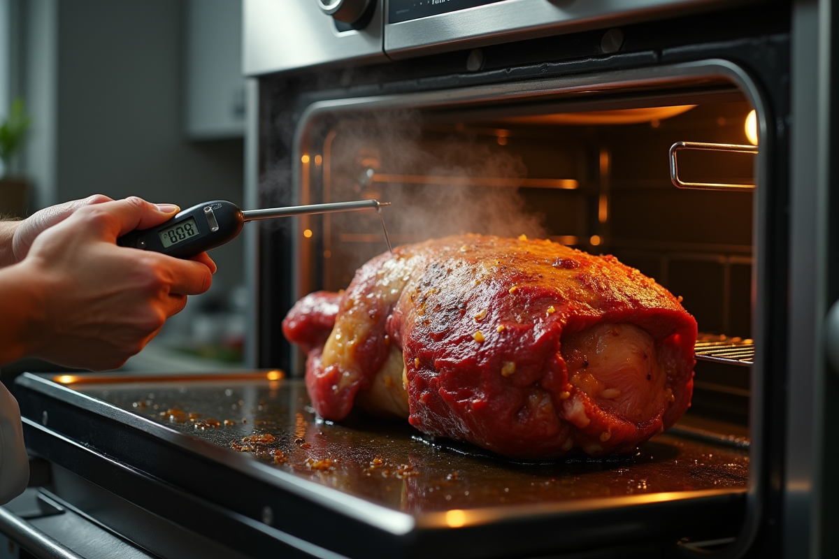 Chef vérifiant la température du rôti de boeuf au four