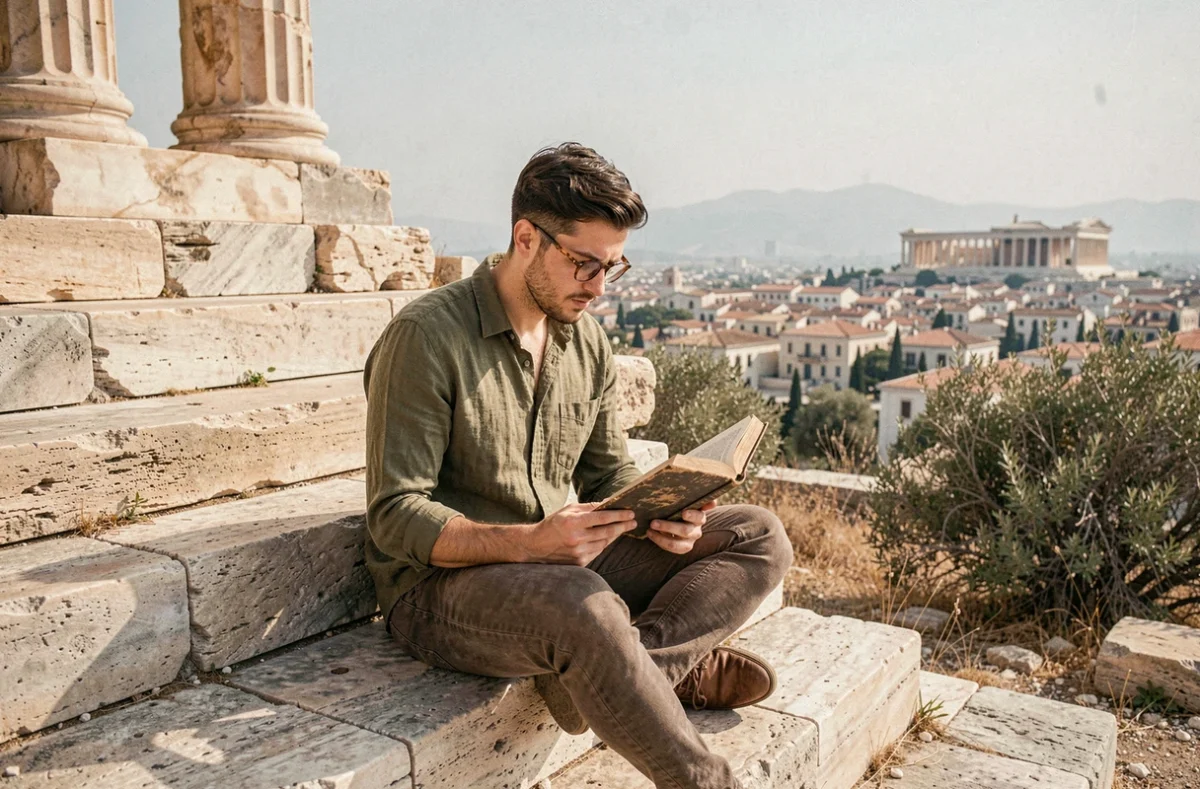 Jeune chercheur en études classiques lisant sur les marches du Parthénon à Athènes avec vue panoramique sur la ville