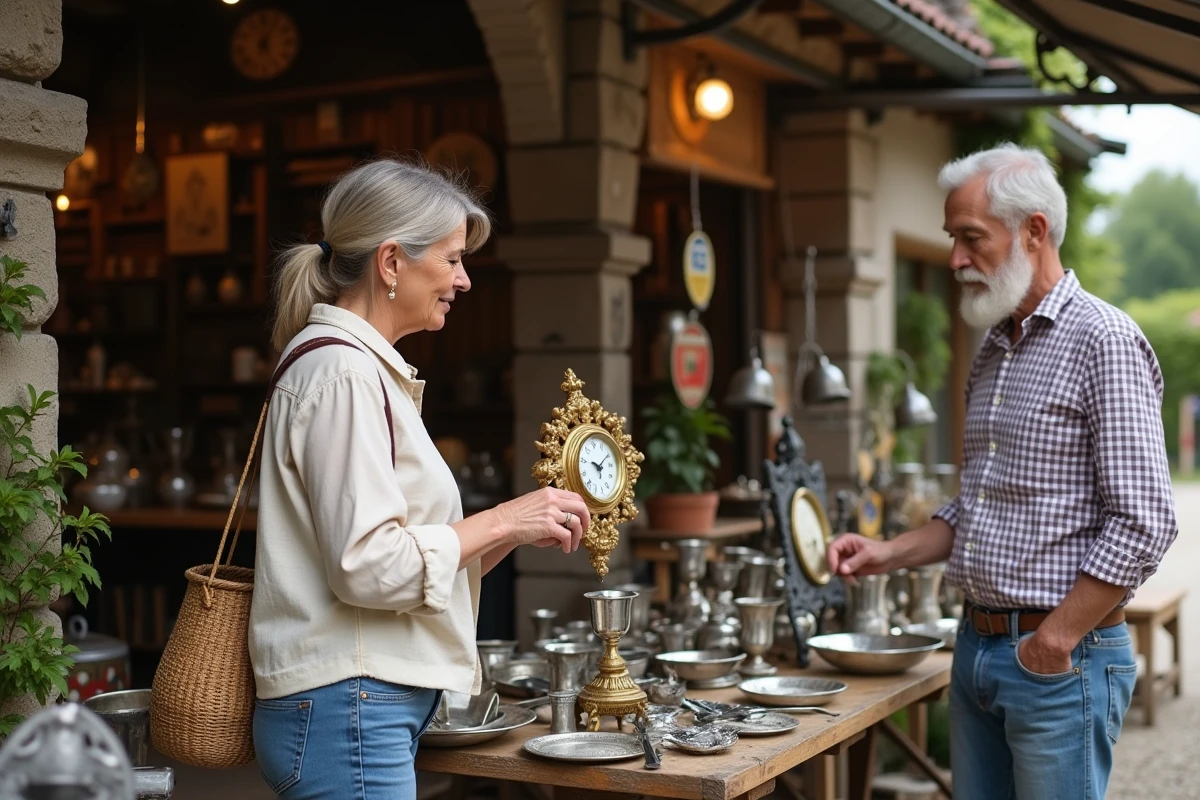 Femme examinant une horloge ancienne chez un brocanteur dans un village de Moselle