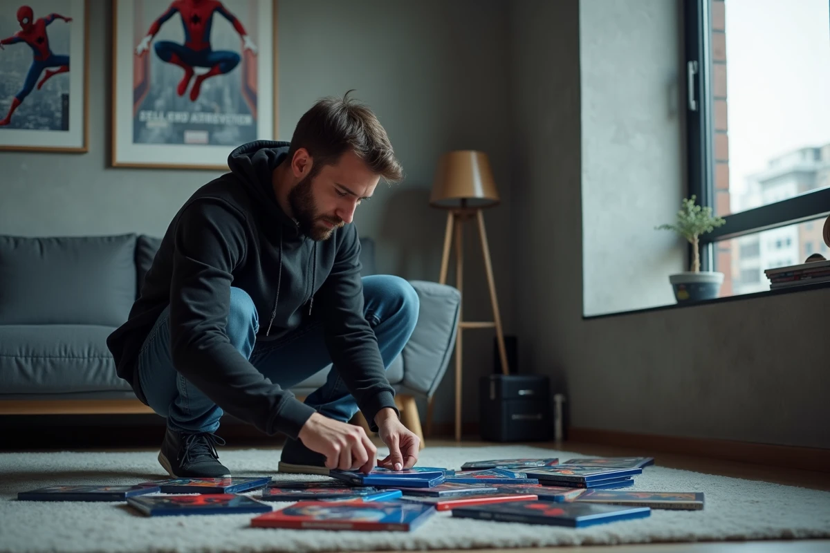 Cinéphile examinant des éditions Blu-ray d'Amazing Spider-Man dans un appartement moderne, reflétant la fascination persistante des fans pour la saga