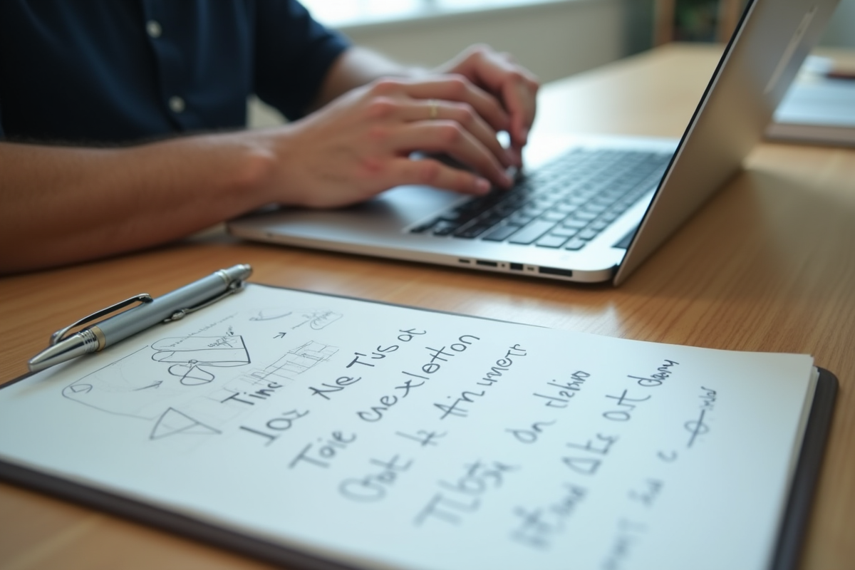Mains tapant sur un clavier avec un carnet de notes et diagrammes