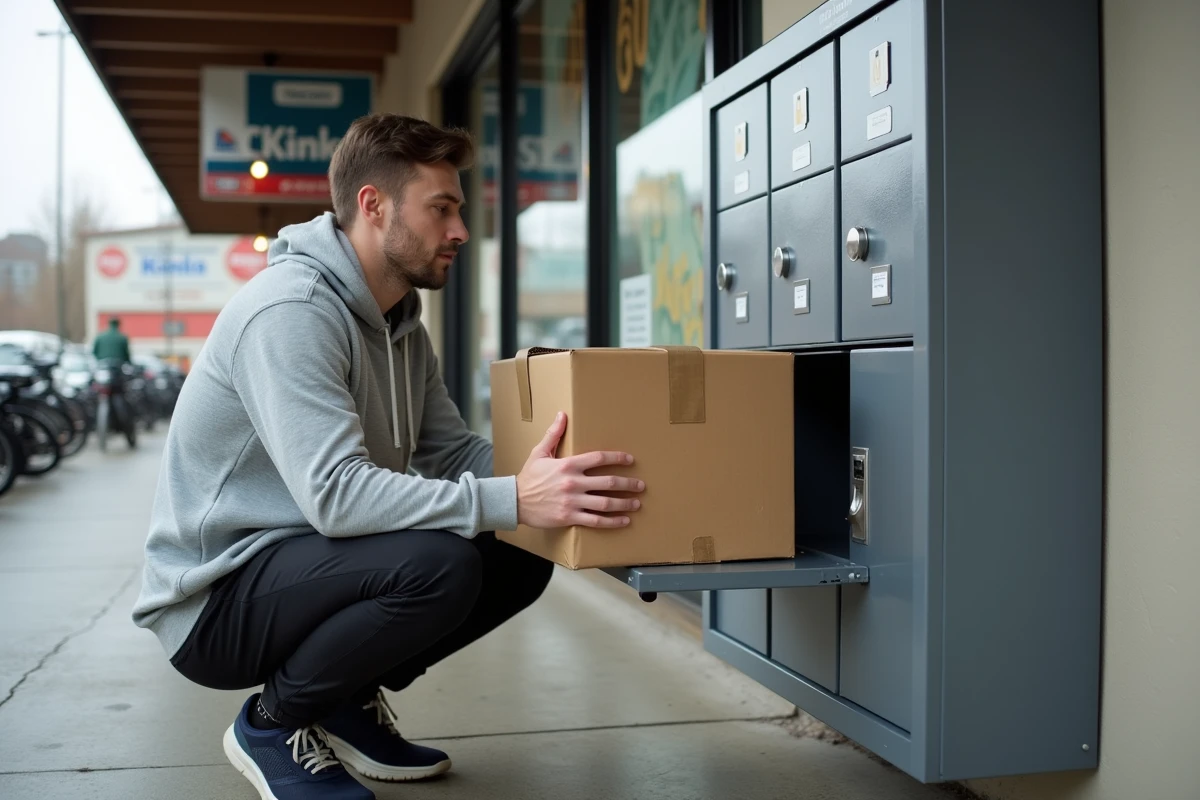 Homme essayant d'insérer un colis trop grand dans un casier automatique Vinted Go