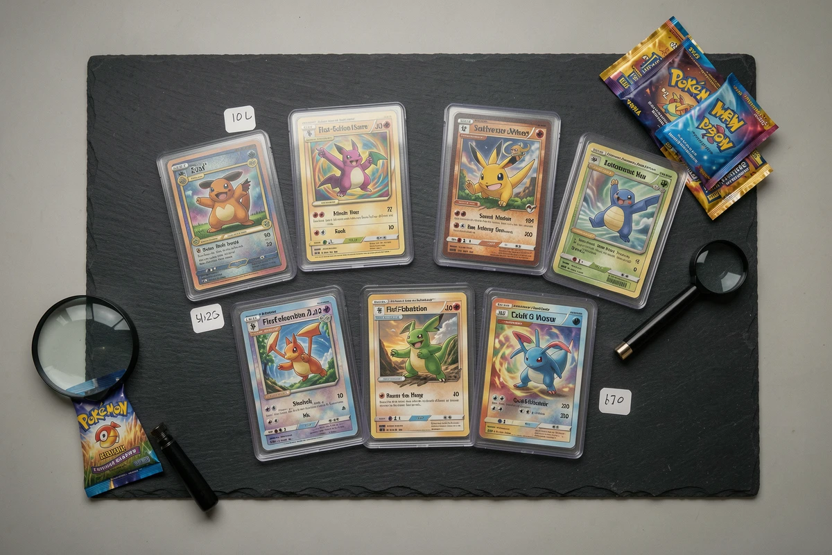 Vue de dessus de six cartes Pokémon rares de première édition gradées PSA et BGS en dalles sur une surface en ardoise avec loupe et étiquettes de prix de collection
