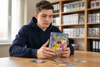 Jeune collectionneur tenant une boîte de boosters Pokémon 2026 non ouverte sur un bureau en bois avec des cartes holographiques