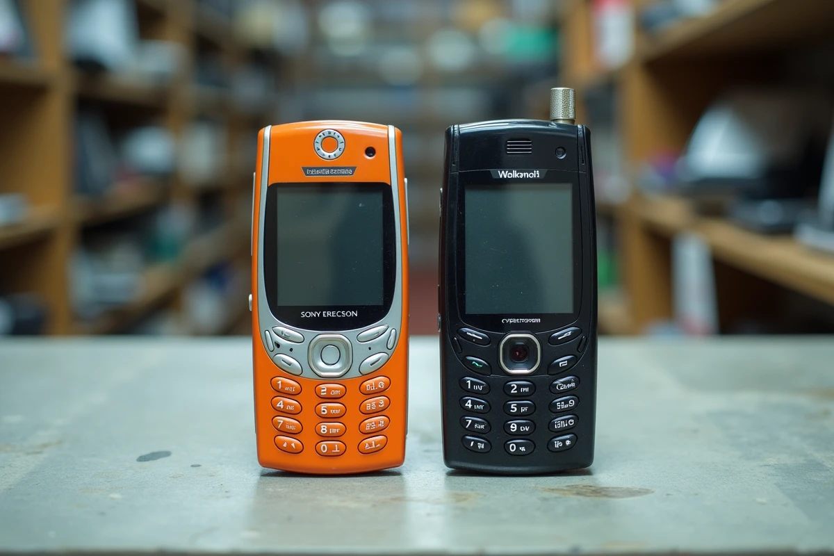 Deux anciens Sony Ericsson d'occasion comparés côte à côte sur un comptoir de boutique de revente