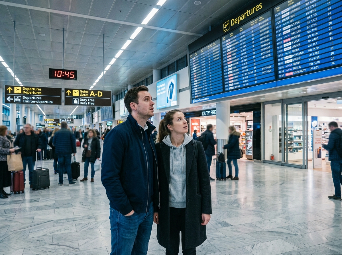 Couple vérifiant les départs dans un terminal d'aéroport européen avant leur vol