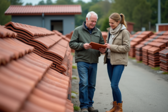 Couple d'adultes compare des tuiles en yard de matériaux
