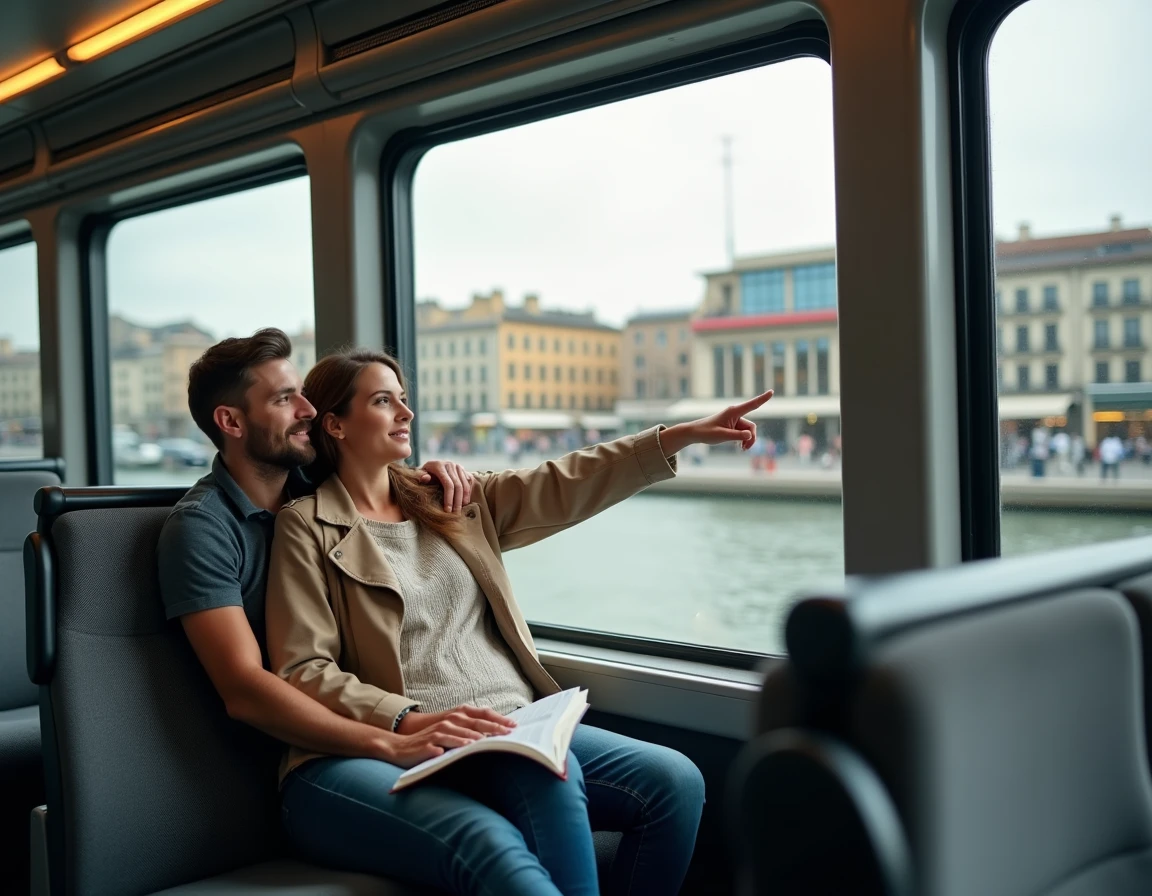 Couple de touristes dans le tramway de Bordeaux apercevant la Cité du Vin par la fenêtre