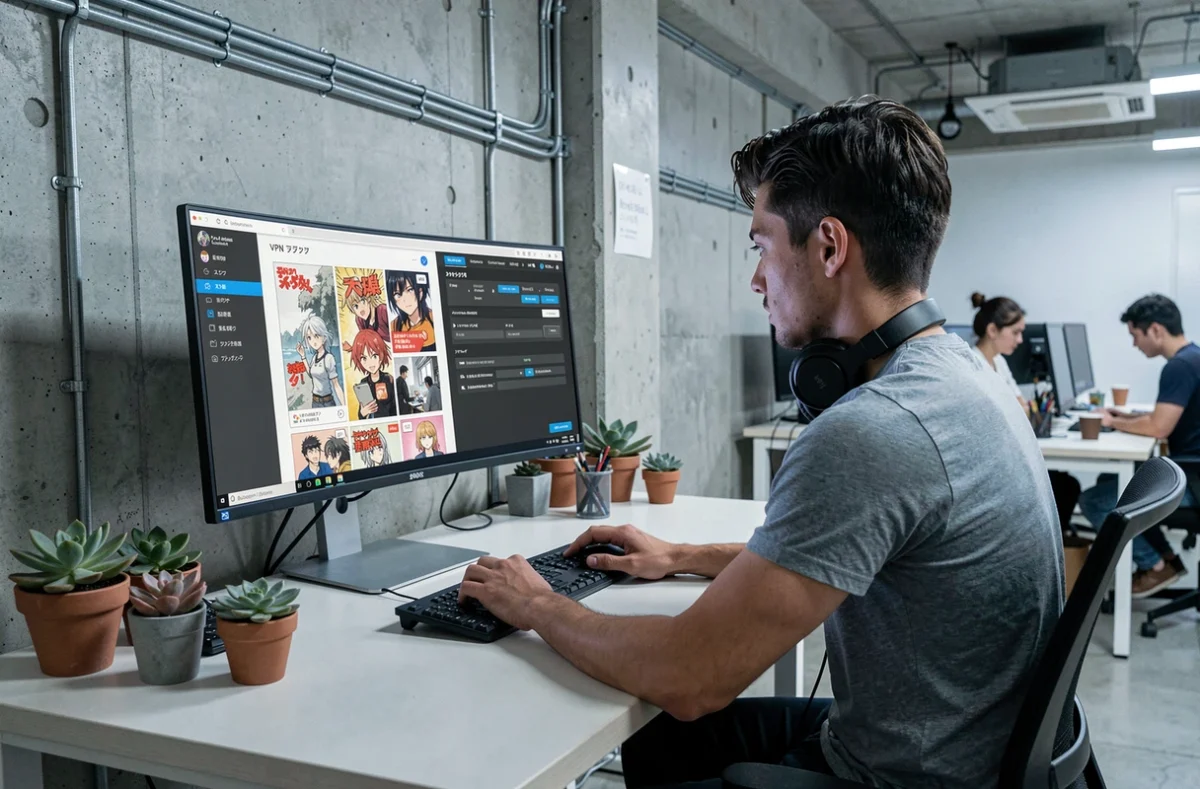 Homme en espace de coworking utilisant un VPN sur ordinateur de bureau pour accéder à un site de lecture de mangas