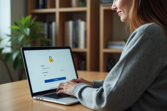 Femme créant un compte utilisateur sécurisé sur un ordinateur portable pour accéder à un service de scan en ligne