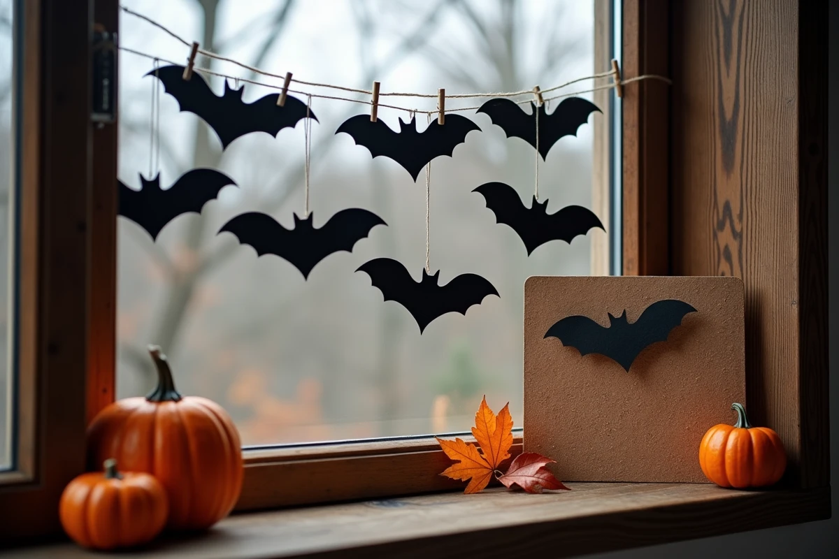 Décoration Halloween avec silhouettes de chauves-souris en papier noir suspendues sur un appui de fenêtre rustique entouré de citrouilles et feuilles d'automne