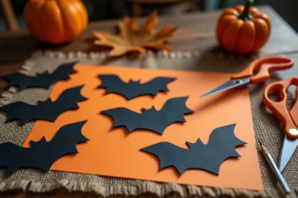 Dessin de chauve-souris Halloween découpé en silhouette noire sur papier cartonné orange, avec pochoirs et ciseaux sur table d'atelier créatif
