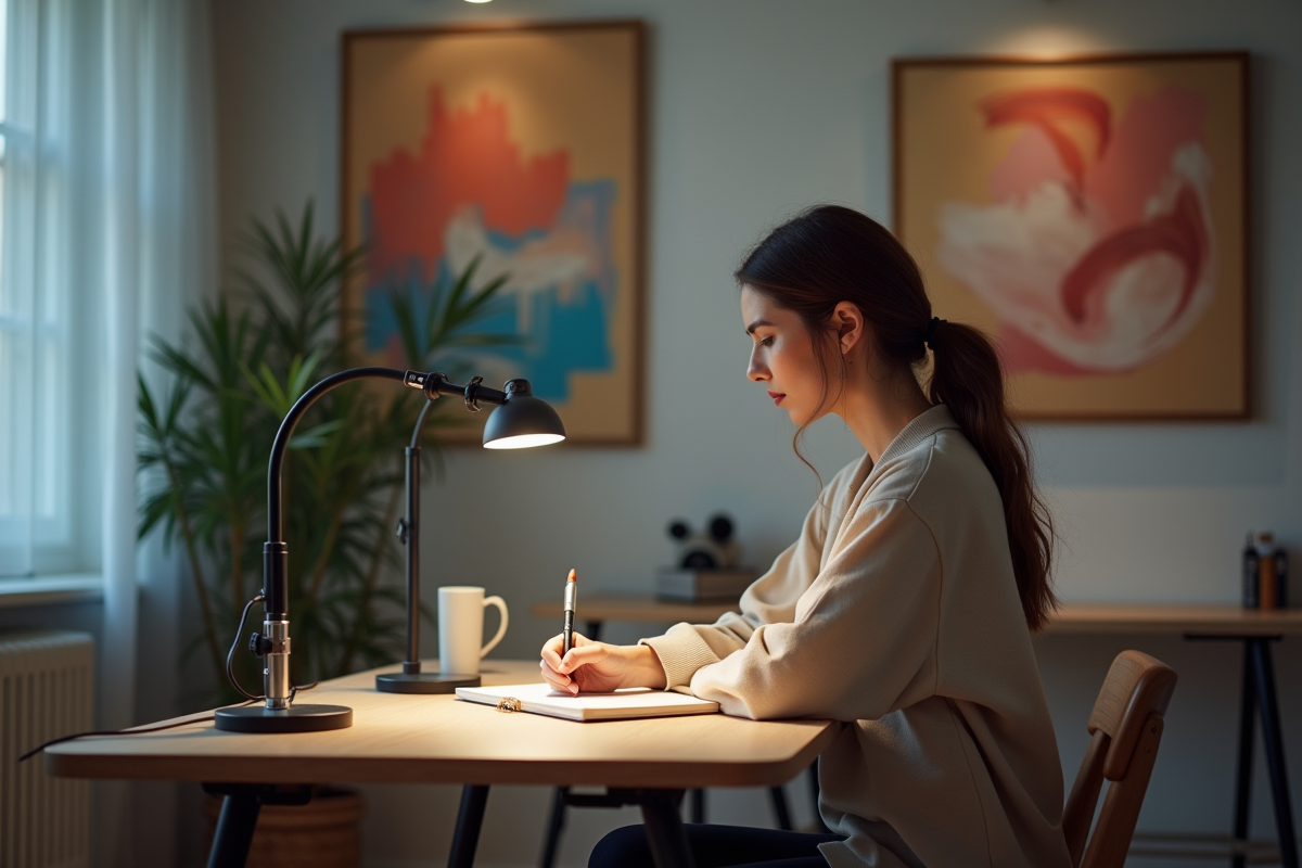 Femme en train de dessiner dans un espace calme