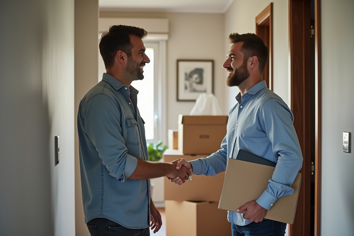 Deux hommes se serrent la main devant un appartement moderne