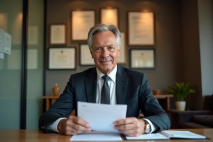 Directeur banque en costume dans son bureau professionnel