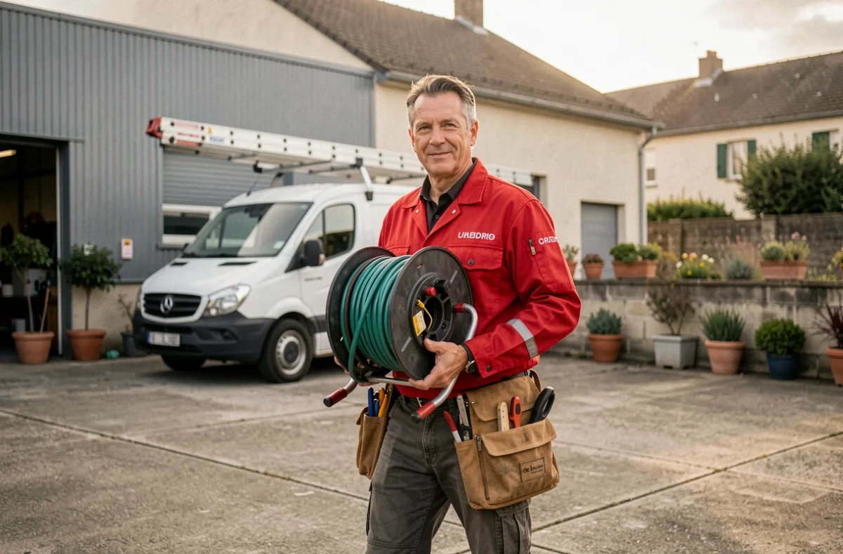 Technicien de DL Services transportant un rouleau de câble électrique dans la cour d'un bâtiment commercial en Seine-et-Marne