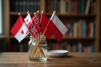 Collection de petits drapeaux nationaux rouge blanc noir disposés dans un pot en verre sur un bureau en chêne