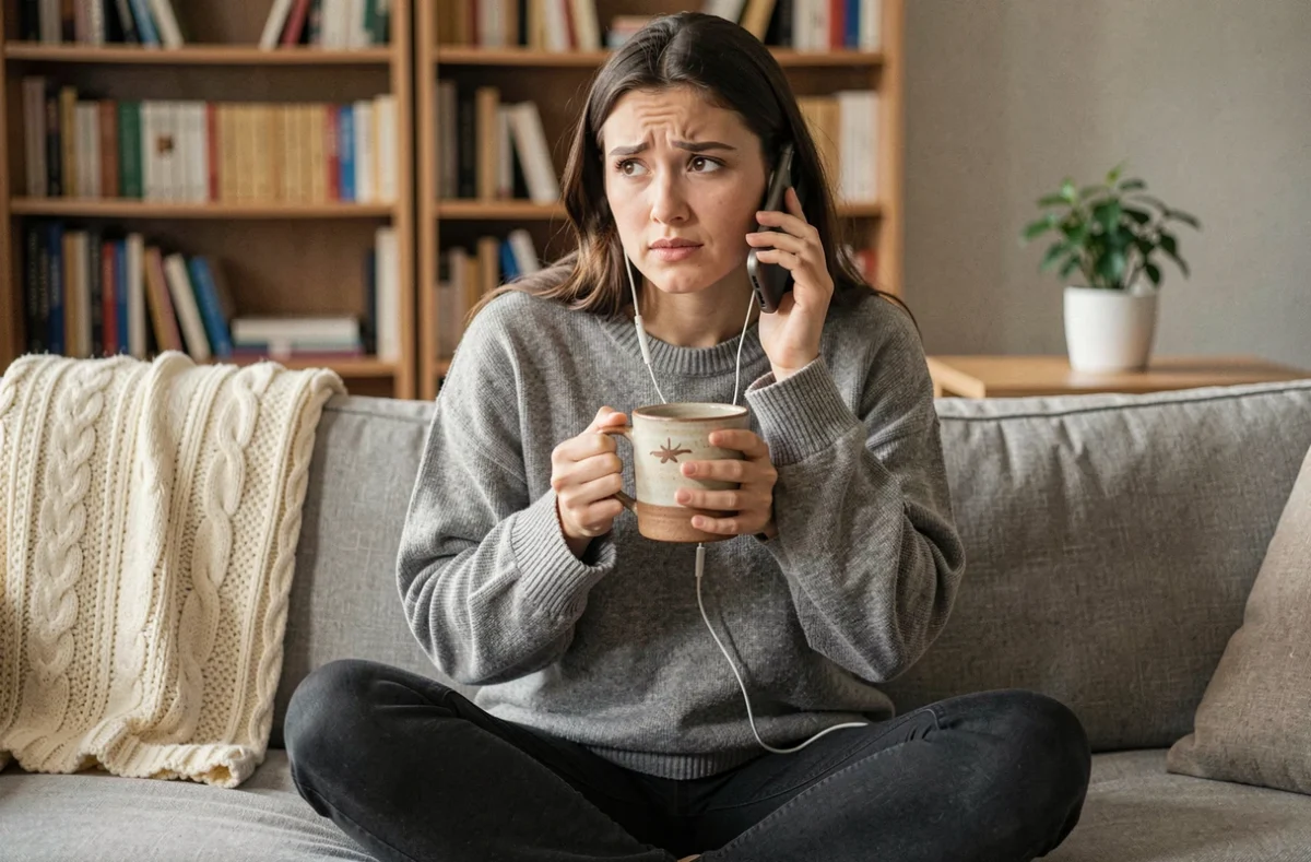 Jeune femme écoutant attentivement une conversation téléphonique dans un salon chaleureux, exprimant de l'empathie