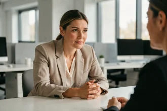 Femme attentive écoutant activement son collègue lors d'une conversation professionnelle dans un bureau moderne