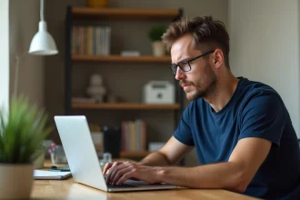 Homme adulte effaçant son historique de navigation sur un ordinateur portable dans un bureau à domicile