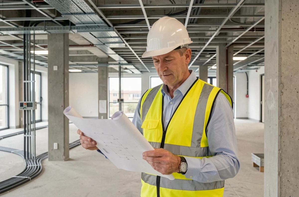 Électricien tertiaire d'EMI Tertiaire consultant des plans techniques dans un bâtiment commercial en construction à Croissy-Beaubourg