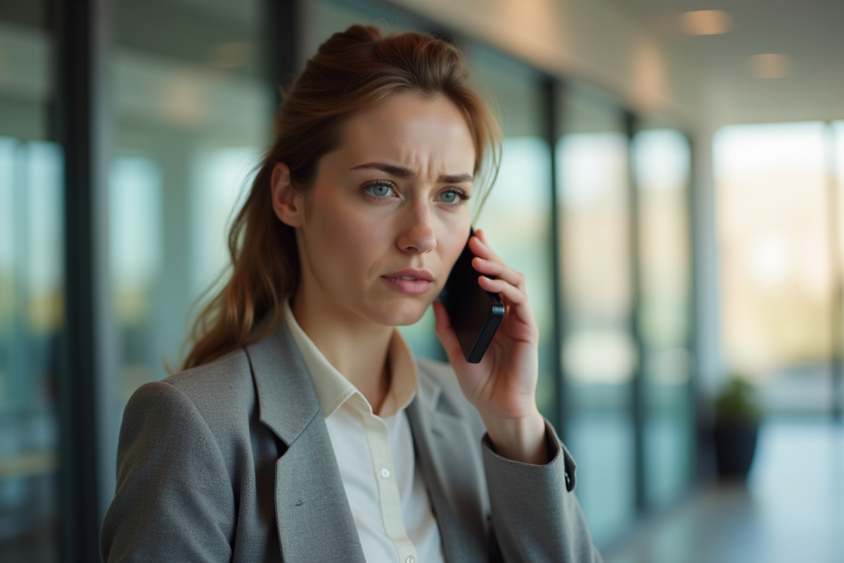 Employé appelant le support technique dans une réception lumineuse