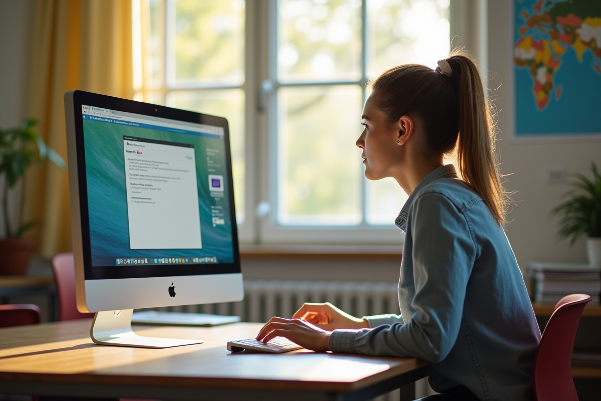 Professeur français travaillant sur ordinateur dans un bureau lumineux