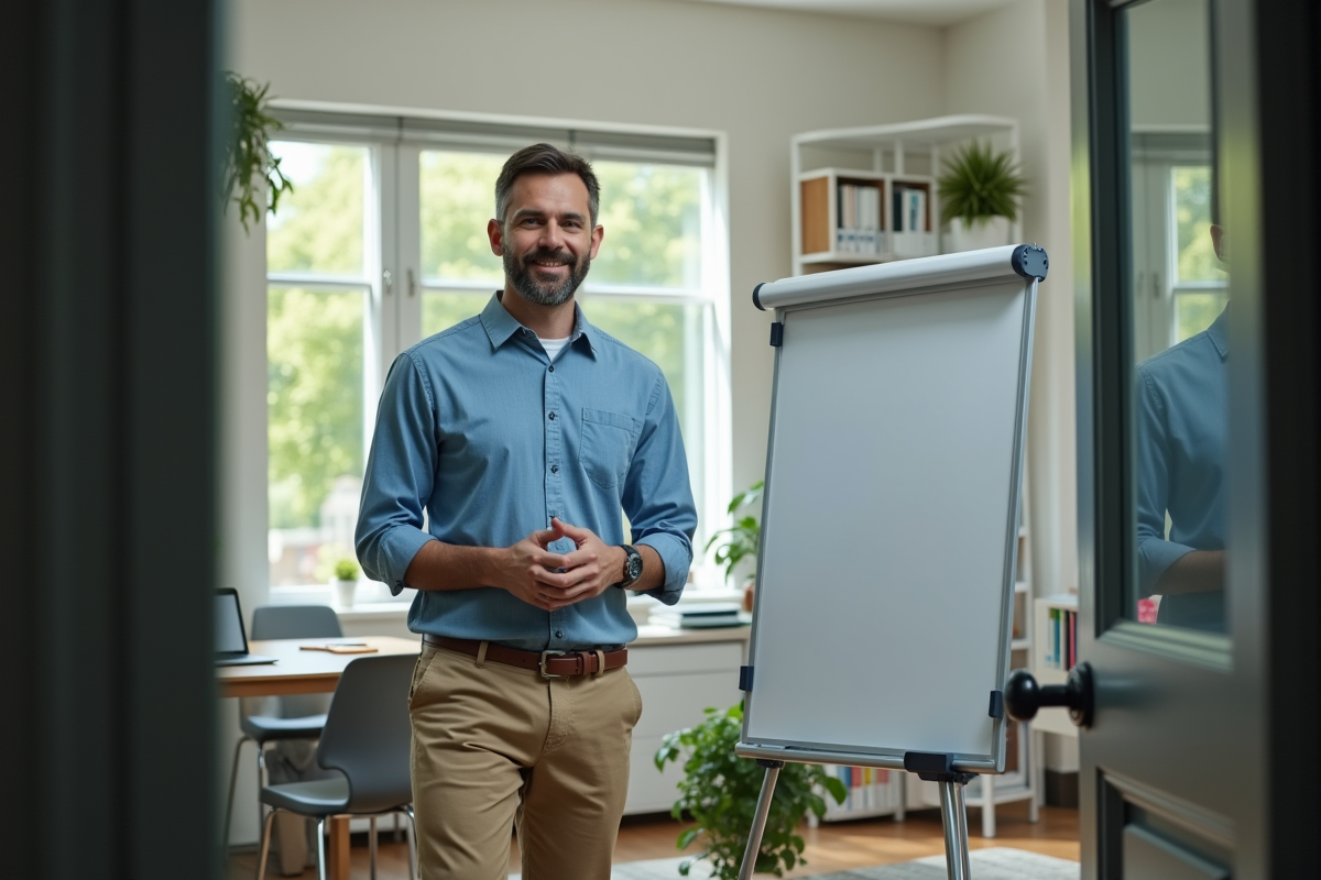 Professeur devant tableau blanc numérique en classe moderne