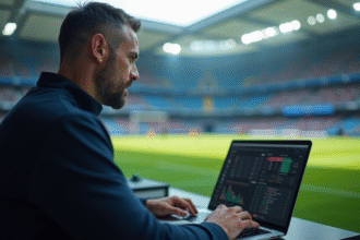Entraineur rugby analysant des données de performance sur un ordinateur