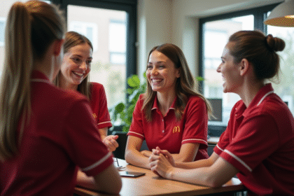 Groupe d'employes McDonald's discutant avec un chèque vacances