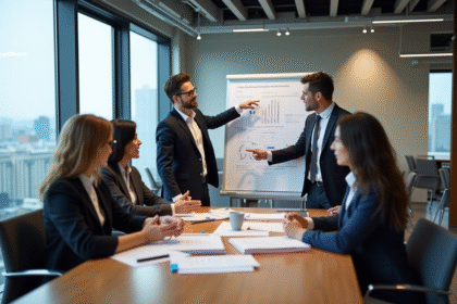 Groupe de professionnels en réunion stratégie dans un bureau moderne