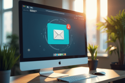 Espace de travail moderne avec écran d'email vue de côté
