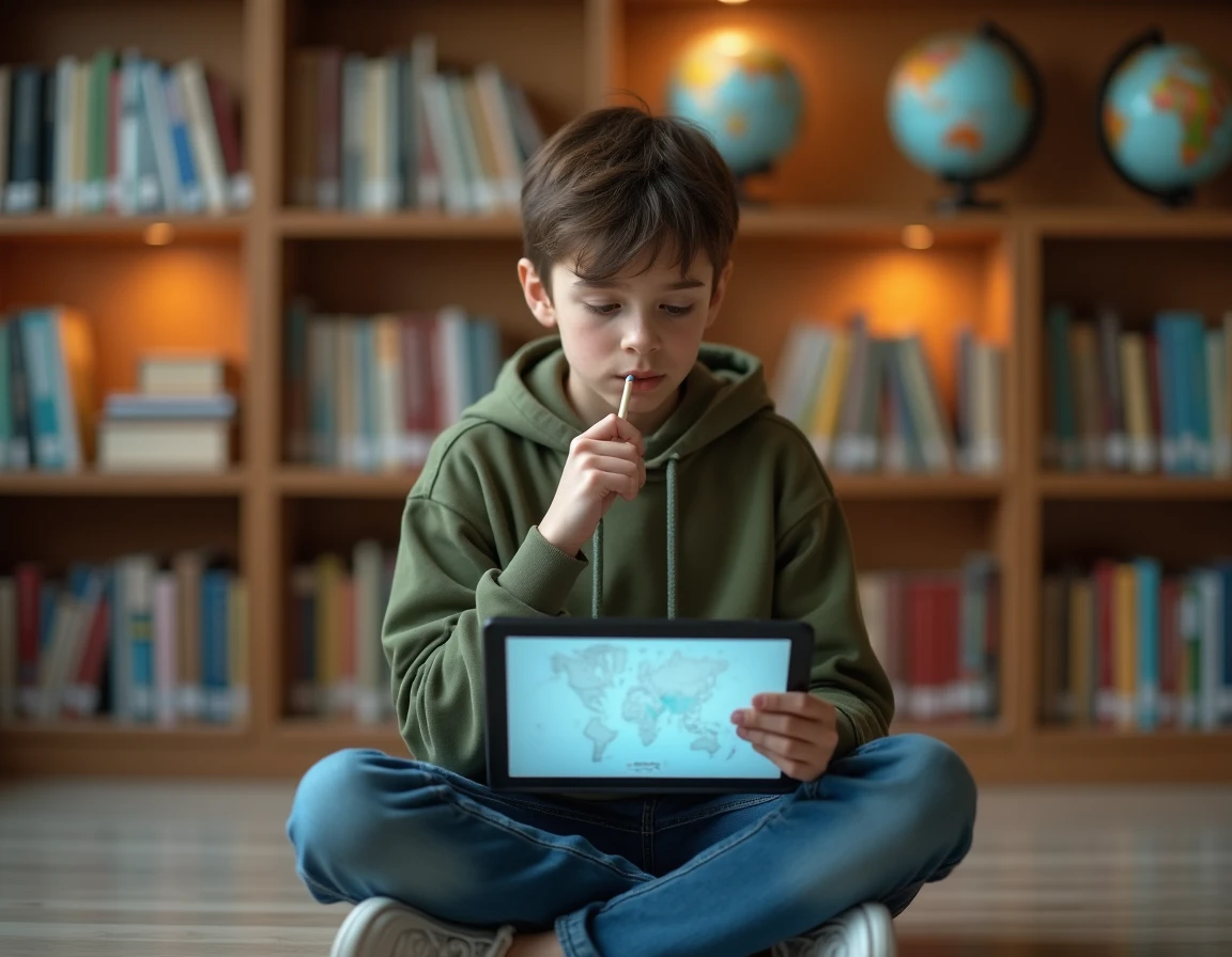 Adolescent révisant un quiz de géographie sur l'Asie avec une tablette dans une bibliothèque scolaire