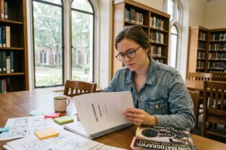 Étudiante en cinéma analysant un scénario dans une salle d'études universitaire entourée de storyboards et de livres de théorie du film
