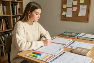 Étudiante universitaire travaillant avec un planning mensuel 2026 imprimé sur un bureau en bois, entouré de livres et surligneurs colorés