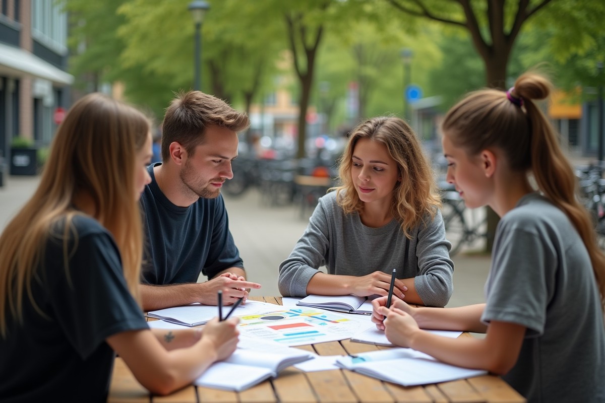 Groupe d étudiants discutant d un graphique d evaluation en plein air