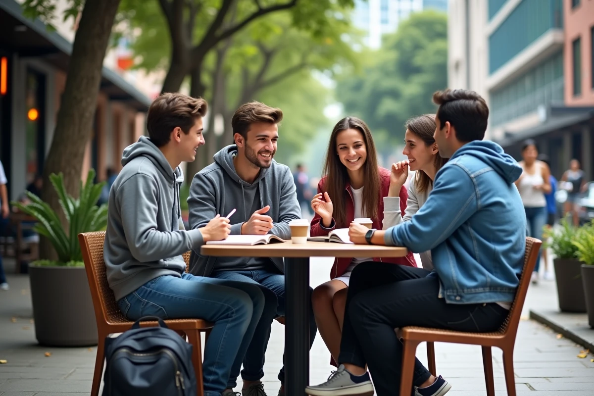 Étudiants universitaires discutant autour d'un café en terrasse dans une métropole d'Amérique latine hispanophone