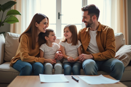 Famille souriante assise dans un salon lumineux