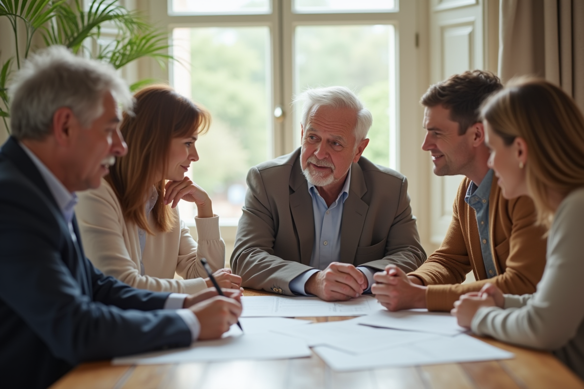 Famille discutant de succession avec notaire dans une salle lumineuse