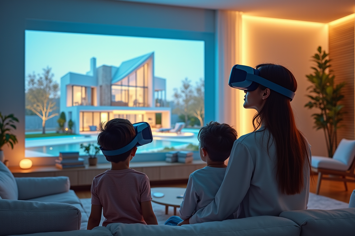 Famille explorant une maison virtuelle en réalité virtuelle