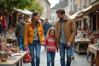 Famille souriante au vide grenier en Yonne