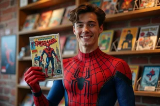 Fan en costume Spider-Man tenant un comic Amazing Spider-Man dans une boutique de BD, évoquant l'obsession des fans pour le film Amazing Spider-Man 3