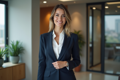 Femme d'affaires confiante en costume dans un bureau moderne