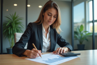 Femme d'affaires examine un graphique dans un bureau moderne