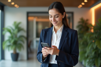 Femme d'affaires vérifiant son signal dans un bureau moderne