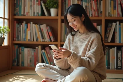 Jeune femme utilisant une application de suivi de mangas sur smartphone dans un espace de lecture cosy aux étagères remplies de mangas
