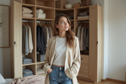 Femme dans une chambre minimaliste avec armoire capsule