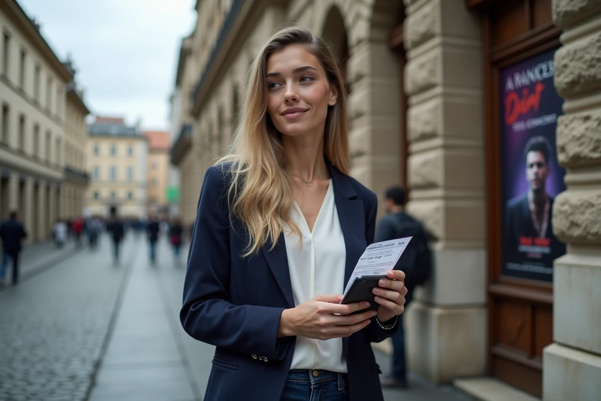 Femme tenant un billet de concert devant une salle de spectacle à Lyon avec affiche d'événement 2026