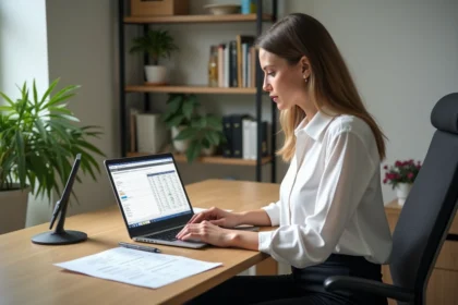 Femme professionnelle compare des chiffres sur son ordinateur